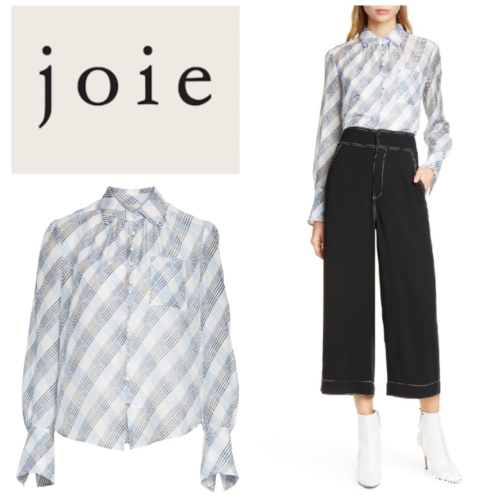 Joie “Malach” silk plaid blouse in porcelain & blue
